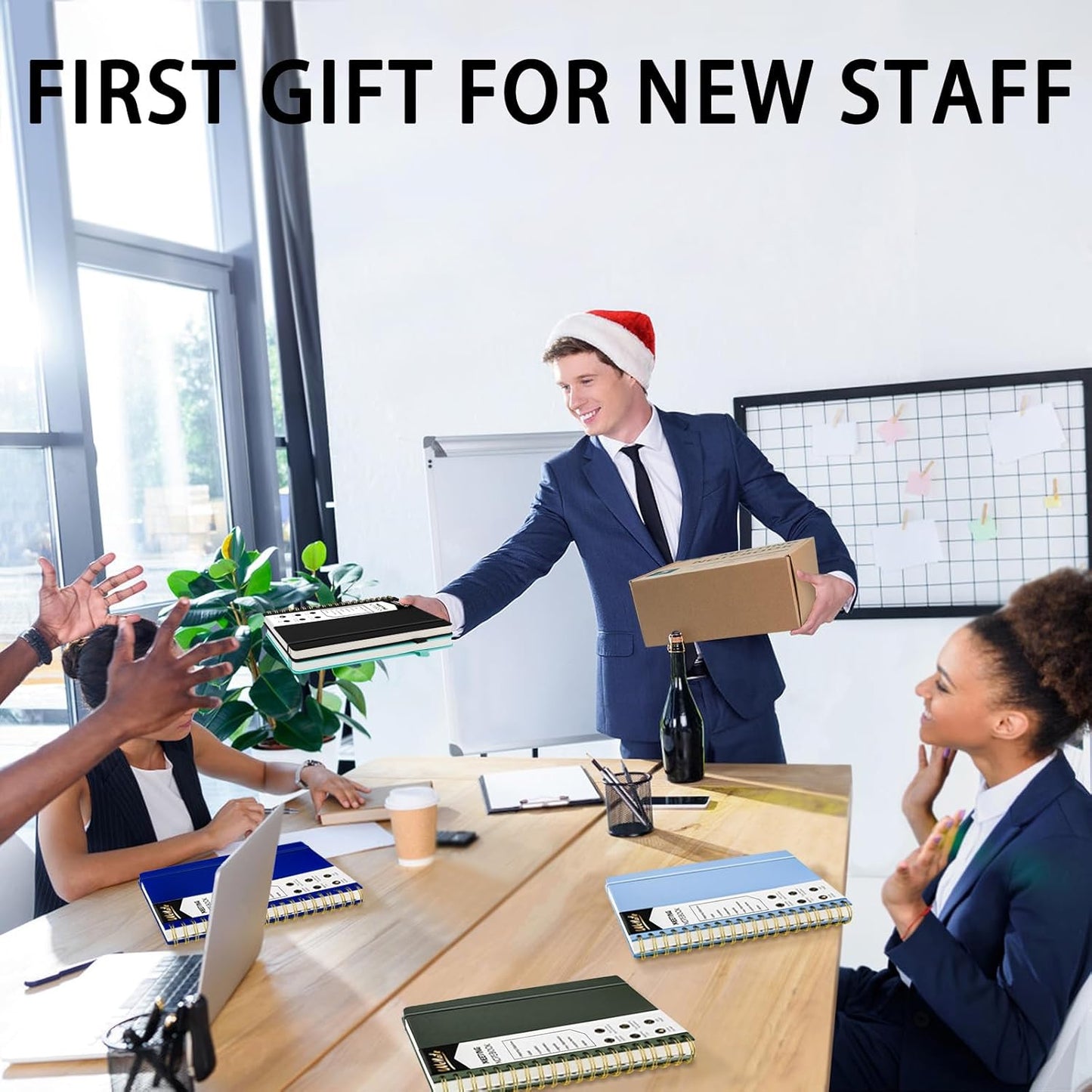 WEMATE 5 Pack Meeting Notebooks for Work（7"x10"） 200 Pages, PU Leather Notebook with Action Items & Note, For Staff & Students, Meeting, Projects Planning- Black, Blue, Green, Olive Green, Dark Blue