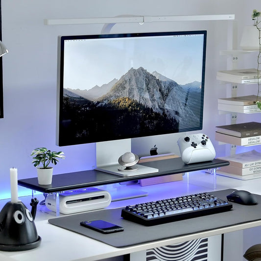 Bamboo Monitor Stand Riser with RGB Lights,31.5 Inches Desktop Shelf with Acrylic Legs Supports for Desk, PC Computer Monitor, Laptops, Printer, Speakers (Black)