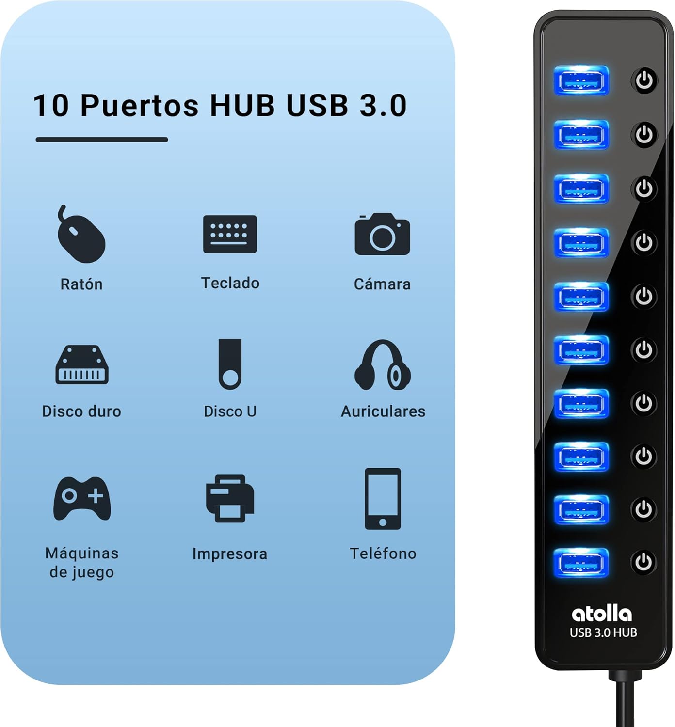 Powered USB 3.0 Hub, atolla 10 Ports USB Data Hub Splitter with Individual ON/Off Switches and 12V/2.5A Power Adapter USB Extension for Mouse, Keyboard, Hard Drive or More USB Devices