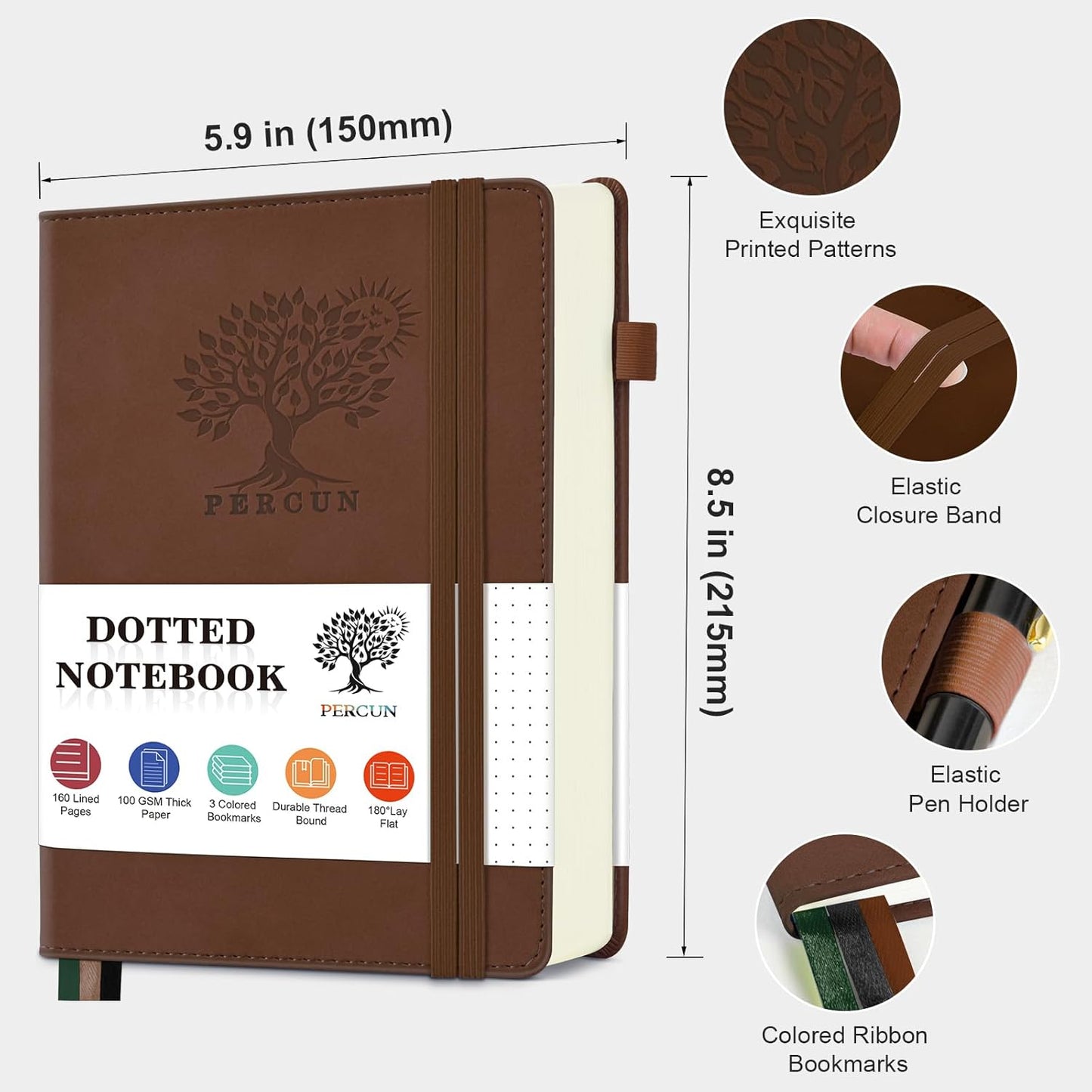 PERCUN Dotted Journal Notebook for Men & Women, 160 Pages Dot Grid notebook for Note Taking, Bullet Journaling Notebook for Work, School, Travel, Writing, A5 Hardcover 5.9" x 8.5"(Brown)