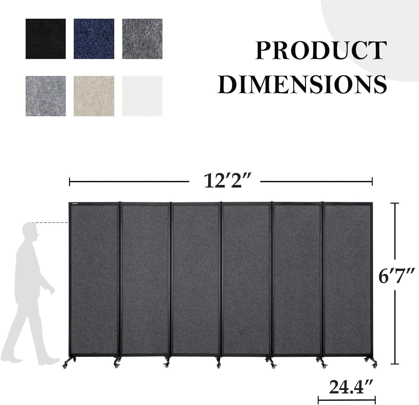 Upgrade Version Room Partition and Divider, Freestanding Rolling Dividers with Wheels,Office Privacy Screen Divider Wall,Classroom Felt Dividers,12'2"L* 6'7"H,6 Panel，Dark Grey