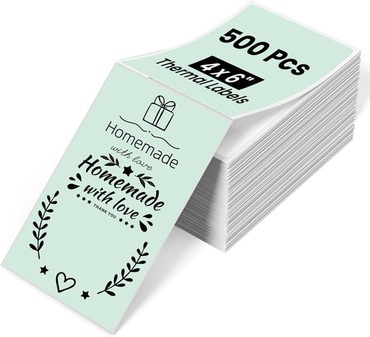 Phomemo 4x6 Thermal Labels for Shipping Label Printer - 500PCS Green Mailing Labels - 4x6 Direct Thermal Label Fanfold Compatible with Rollo,MUNBYN,Nelko,JADENS,POLONO - Water/Oilproof - NO BPA/BPS