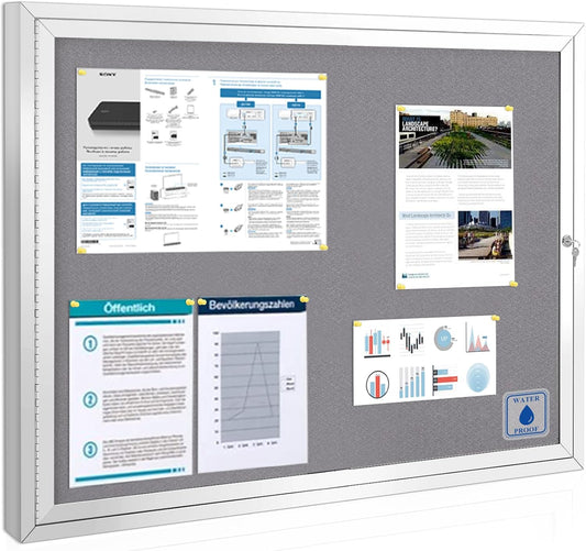 SWANCROWN Enclosed Bulletin Board Grey Felt Displays Boards Weather Resistant Wall Mounted Notice Case,37x28inches