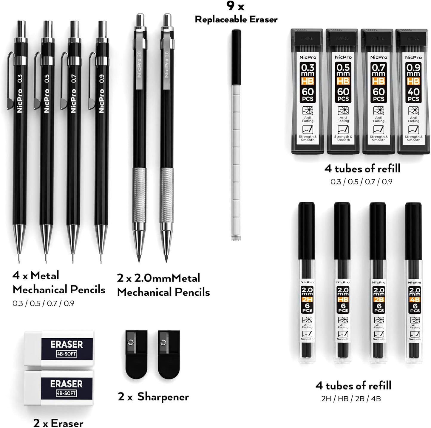 Nicpro 6 PCS Art Mechanical Pencil Set, Black Metal Drafting Pencil 0.3, 0.5, 0.7, 0.9 mm & 2PCS 2mm Graphite Lead Holder(4B 2B HB 2H) For Writing Sketching Drawing With 8 Lead Refills Eraser Case