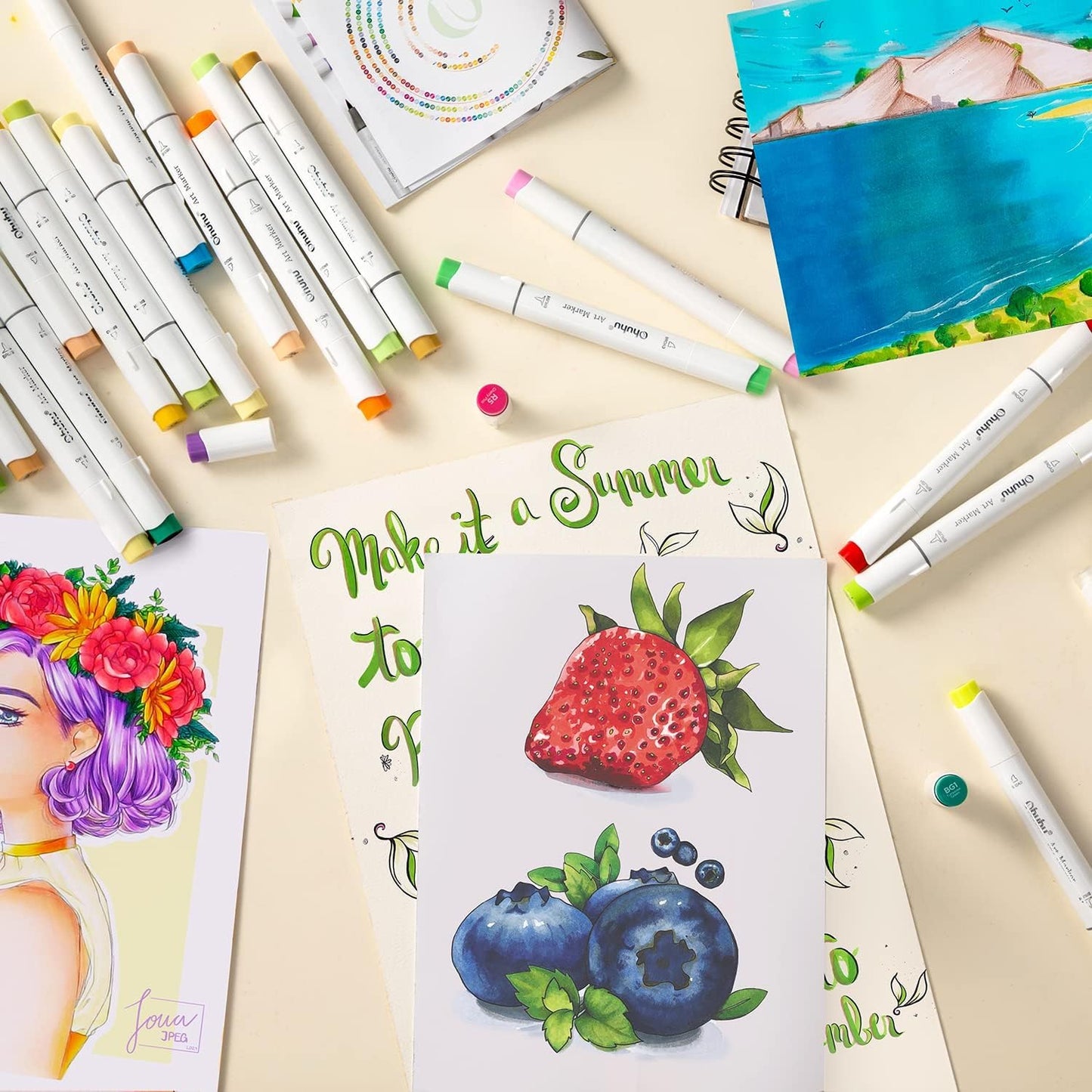 Ohuhu Alcohol Markers Brush Tip -Double Tipped Art Marker Set for Artist Adults Coloring Illustration - 120 Colors- Brush & Chisel Dual Tips- Honolulu of Ohuhu Markers- Refillable Alcohol-based Ink