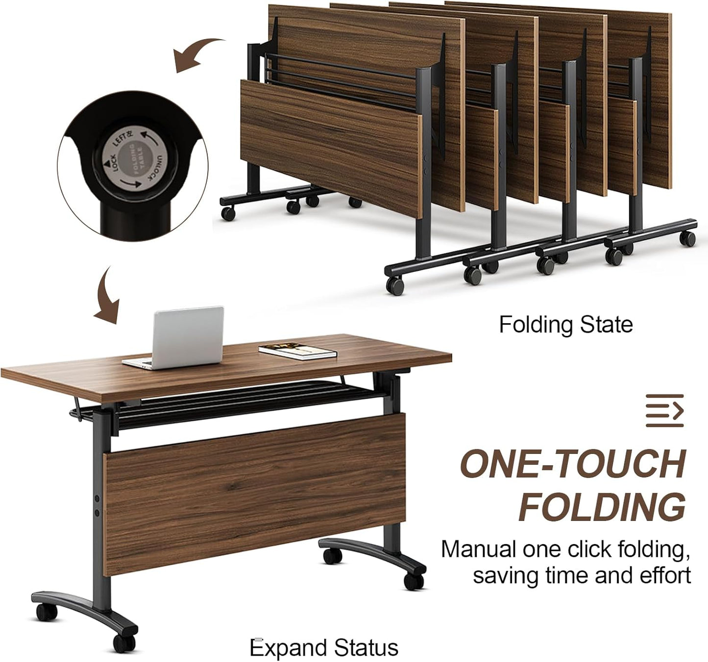 Folding Conference Table, Modern Large Conference Room Tables with Flip-Top Design, Foldable Conference Table Meeting Table with Wheels, Mobile Seminar Training Tables for Office Classroom (8, Walnut)