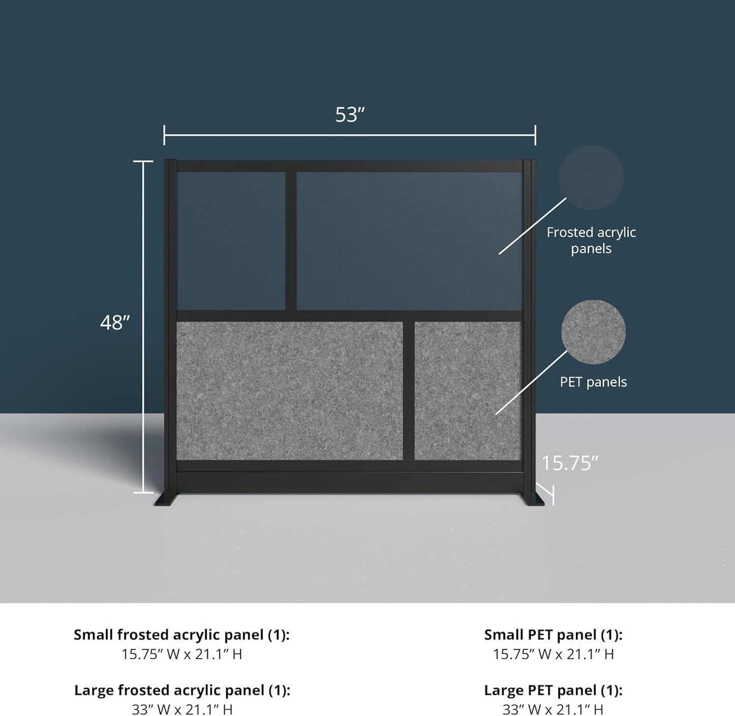 Stand Up Desk Store Expanse Modular Wall | 53'' x 48'' Wall | Expandable Partition Room Divider with Rearrangeable Frosted Acrylic & Sound Absorbent Panels (Black Frame)