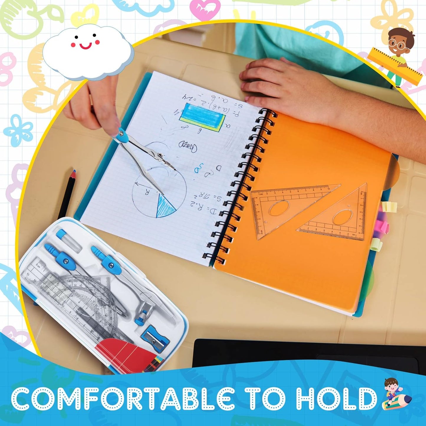 Teling 12 Sets Math Geometry Kit for Students 10 Pcs Compass Geometry Tools Set Includes Rulers Protractor Compass Eraser Pencil Sharpener Lead Refills Pencil (Blue)