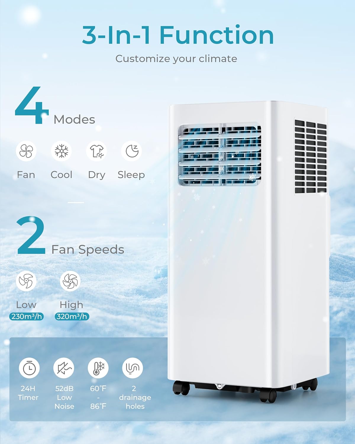 EUHOMY Portable Air Conditioners 8,000 Btu, 3 in 1 Portable Cooling AC with Dehumidifier, Fan, Sleep Modes, AC Unit with Remote Control & 24H Timer for Bedroom, Rooms, Apartments up to 350 Sq.Ft.