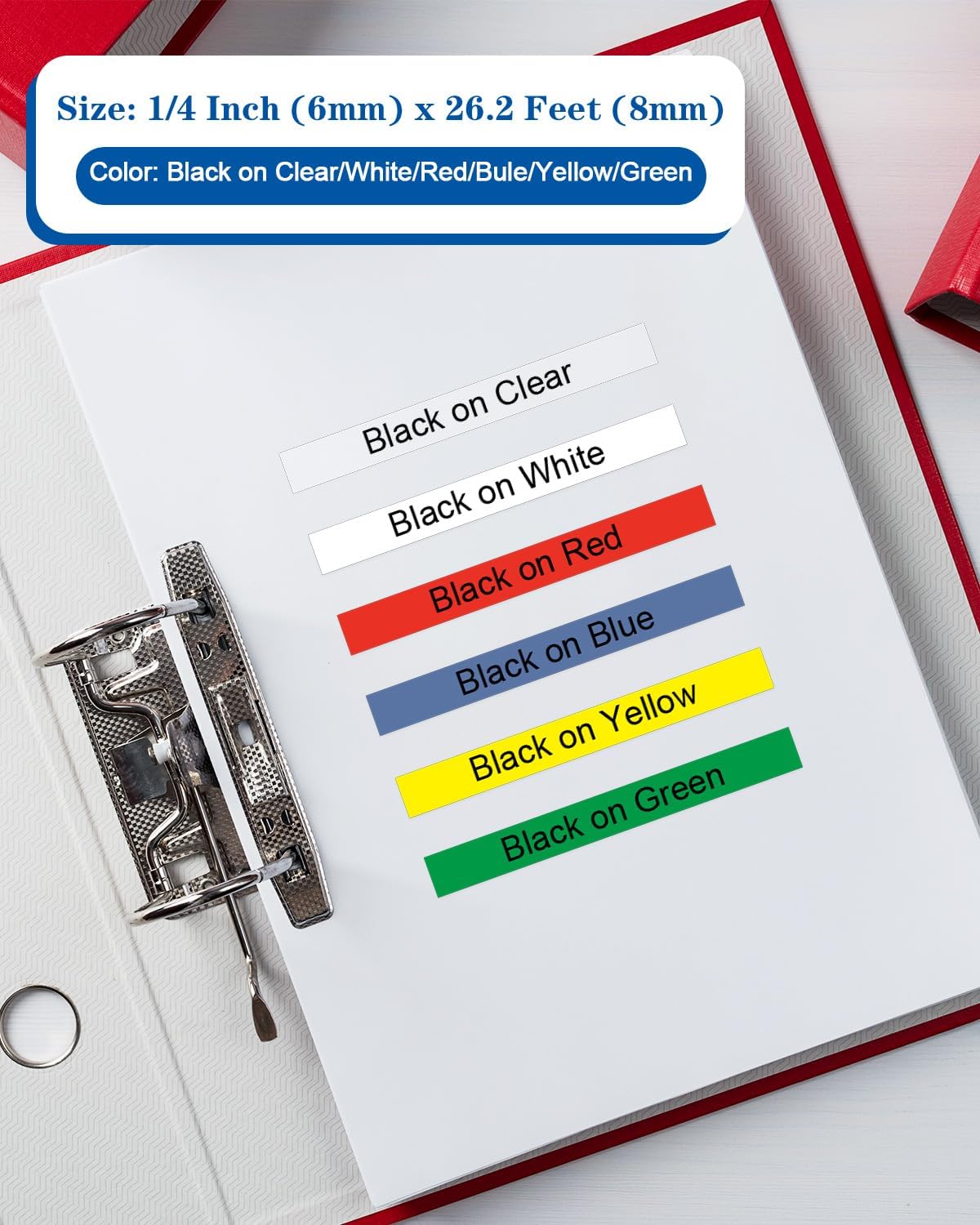 TZe TZ Tape 6mm 0.23" Laminated Colored Compatible for Brother P Touch TZe-211 TZe-111 Label Tape for PT-D210 D220 H110 D400 Label Maker, Black on White/Clear/Red/Blue/Yellow/Green, 1/4 Inch, 6-Pack