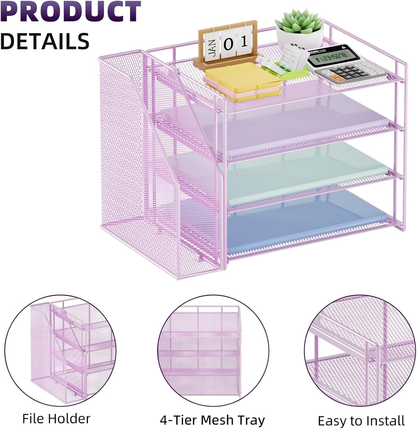 Marbrasse Desk Organizer and Accessories，4-Tier Paper Letter Tray Organizer with File Holder，Desk Accessories & Workspace Desktop Organizers for School Home Office Supplies (Purple)