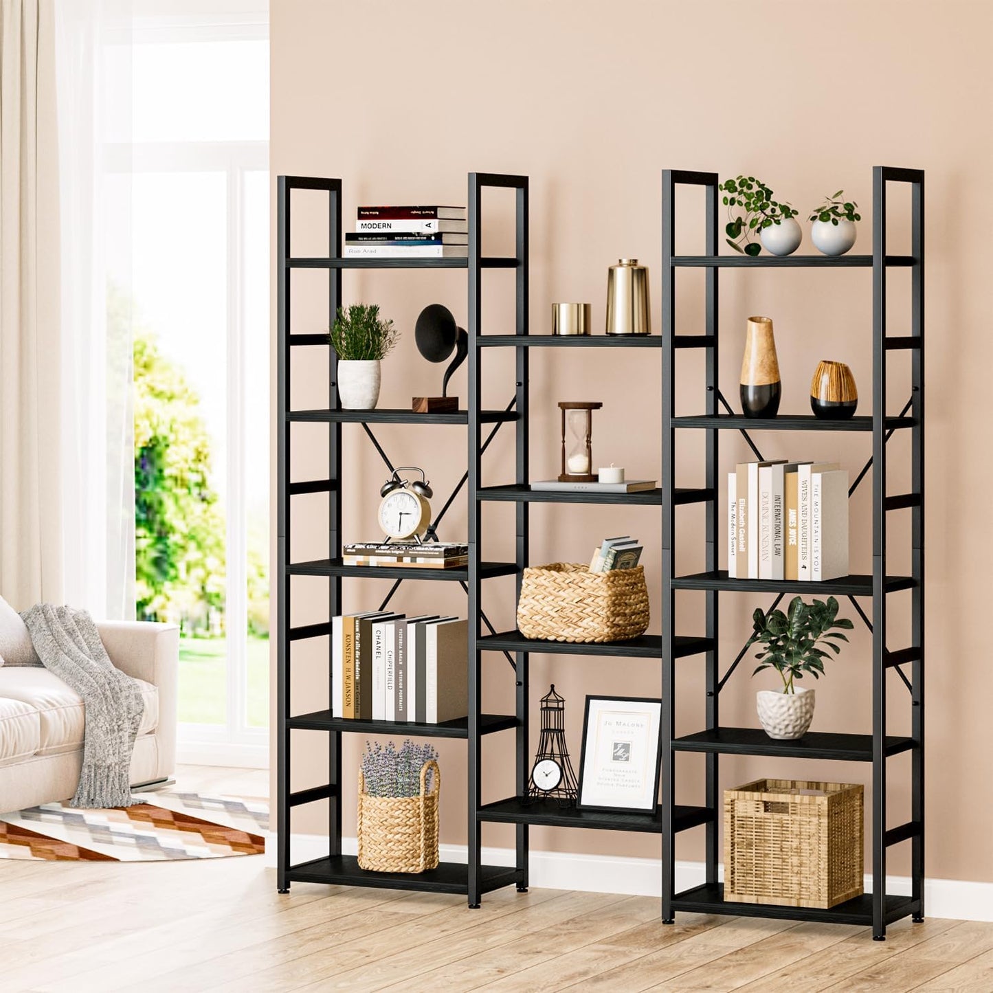 NUMENN Triple Column 5 Tier Bookshelf, Bookcase with 14 Open Display Shelves, Adjustable Rustic Industrial Style Book Shelves, Modern Bookshelves for Bedroom, Living Room and Home Office, Black