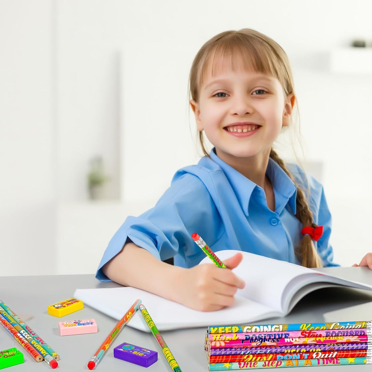 Cinrobiye 100 Pcs Inspirational Pencils with Erasers for Kids，Motivational Pencil Erasers Bulk Back to School Gifts Supplies Party Favor Goody Bag Fillers for Students Classroom Teacher Prizes Reward