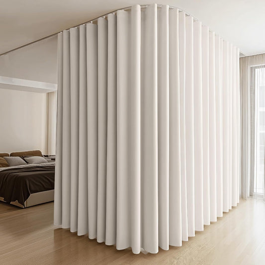Room Divider Curtains & Flexible Bendable Tracks Set,Privacy Dividers Ceiling Track Curtain Window Blackout Curtains for Living Room Bedroom (W100 × H96 in 1 Panel Beige Drape & White Rail)