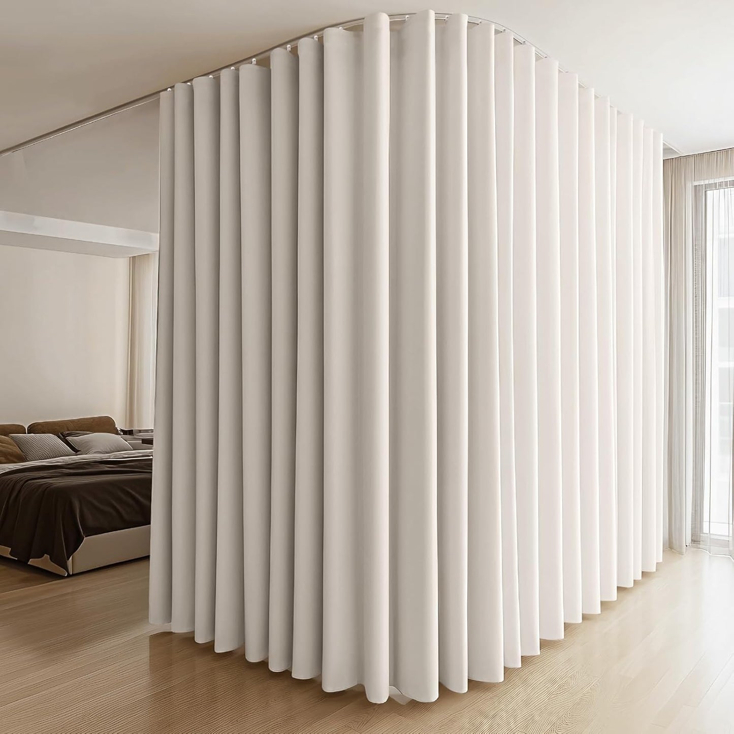 Room Divider Curtains & Flexible Bendable Tracks Set,Privacy Dividers Ceiling Track Curtain Window Blackout Curtains for Living Room Bedroom (W150 × H96 in 1 Panel Beige Drape & White Rail)