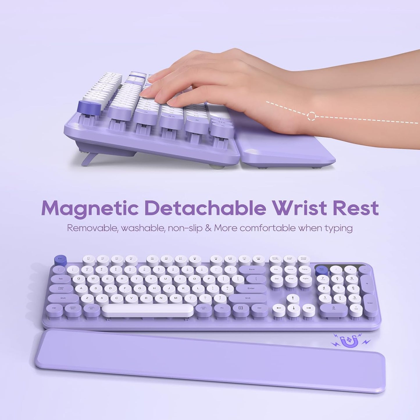 Wireless Keyboard and Mouse Combo, Cute Round Keycaps, Full-Size Retro Typewriter Keyboard with Detachable Wrist Rest, 2.4GHz Cordless Connection for Mac/Windows/PC/Laptop (Purple-Colorful)