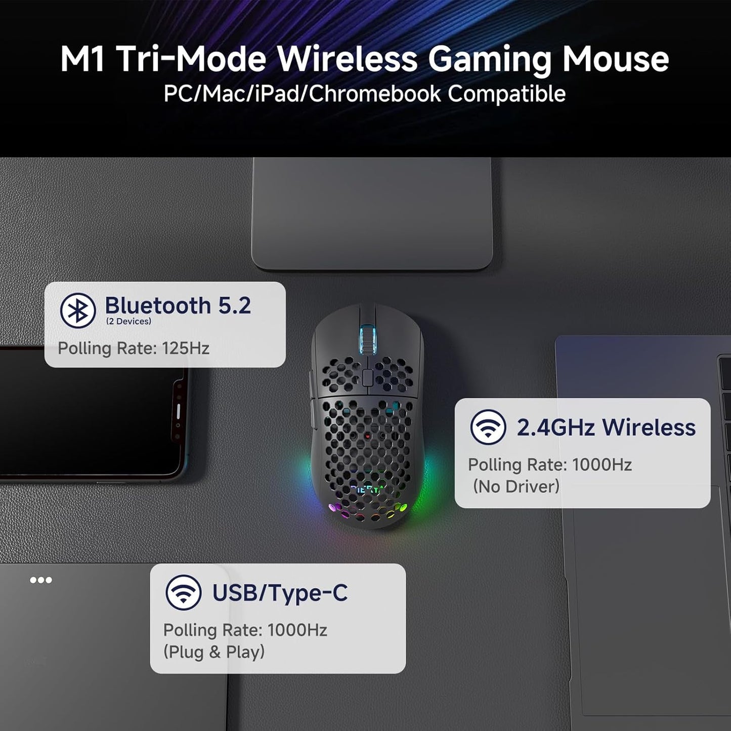 DIERYA M1 Wireless Gaming Mouse, 24000DPI, 180Hrs Battery, 16.8M RGB, 6 Programmable Buttons, Lightweight, Tri-Mode (2.4G/BT5.2/USB-C) for PC/Mac/Laptop - Black