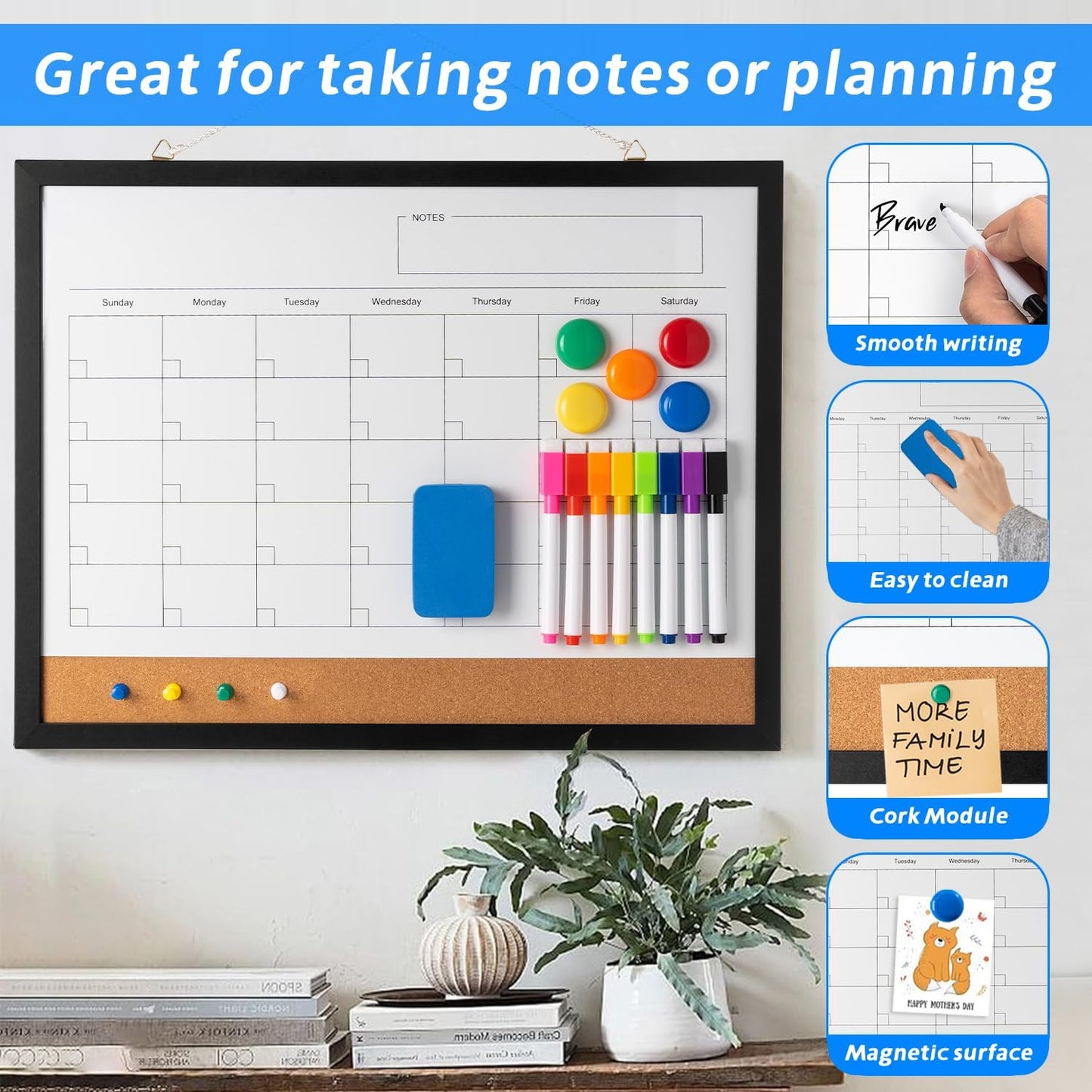 Dry Erase Calendar Whiteboard, 17" x 13" Magnetic Whiteboard Cork Board Combo, Reusable Monthly Planner with 8 Markers, Eraser, Magnets and Pushpins, Hanging Dry Erase Board for Home, School - Black
