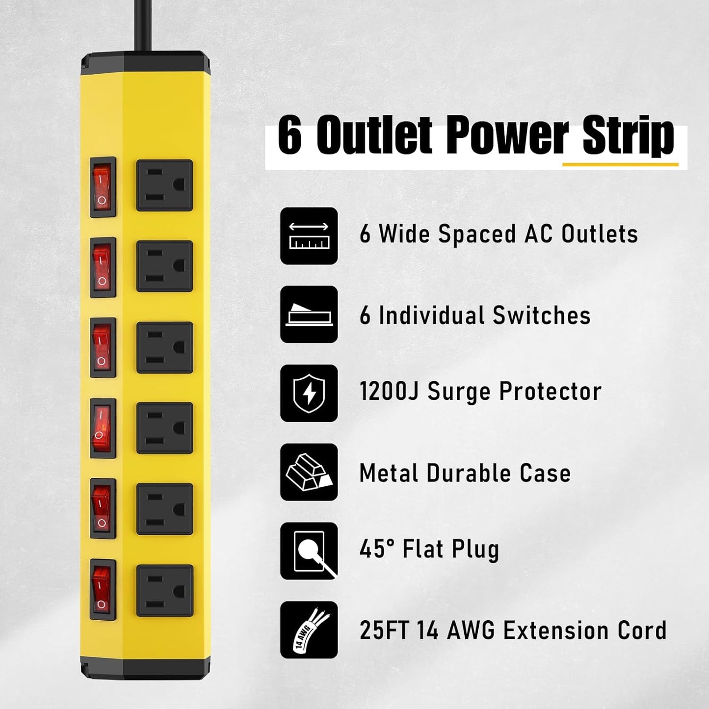 ANNQUAN 6 Outlet Metal Power Strip with 6 Individual Switches,Heavy Duty Power Strip 1200J 15A 25FT Cord Home Office Industrial Commercial Shop