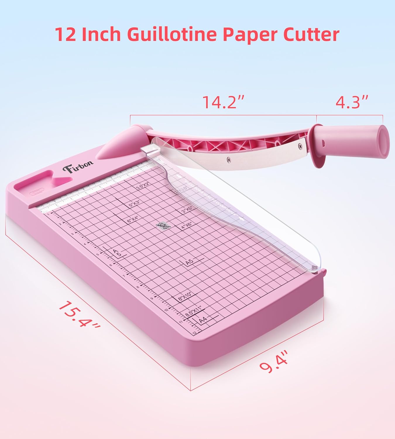 Firbon 12" Guillotine Paper Cutter, Heavy Duty 12-Sheet Capacity Trimmer for Cardstock, Photos, Scrapbooking, Office, Classroom, Studio (Pink)