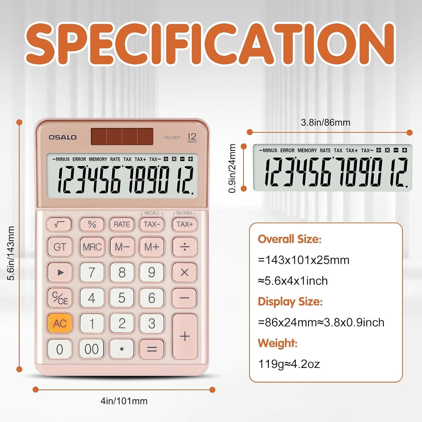 Pendancy Office Small Calculator Desktop with Tax+/- for Tax Calculation, 12 Digit Large LCD Display, Solar Battery Power, Durable Portable Design, Financial Accounting Business Home Use(OS-200T-Pink)