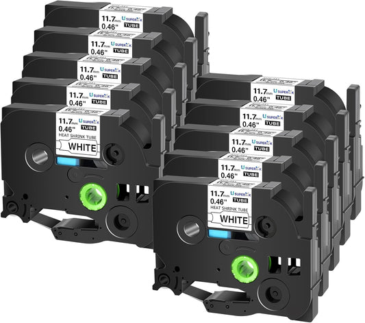 10PK Compatible for Ptouch HSe-231 HSe231 HS-231 HS231 Black on White 11.7mm 0.46'' Heat Shrink Tubing for Wire Cable for PT300 PT-300B PT310 PT310B PT320 Label Maker Tape