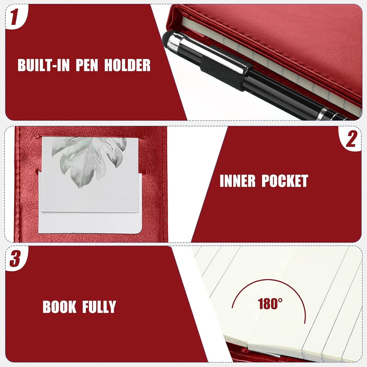 Outus 10 Pcs Pocket Notebook with Pen Set Included Mini Pocket Notepad Holder with 50 Lined Sheets, Metal Pen, 8 Pcs 3 x 5 Inch Memo Book Refills, 30 Lined Paper Per Note Pad (Red)