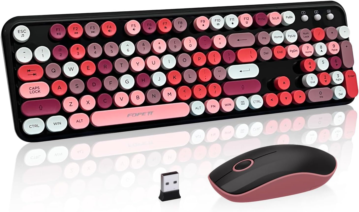 FOPETT Wireless Keyboard and Mouse Combo, 105 Keys Full-Sized 2.4 GHz Round Keycap Colorful Keyboards, USB Receiver Plug and Play, for Windows, Mac, PC, Laptop, Desktop (Blackcolorful)