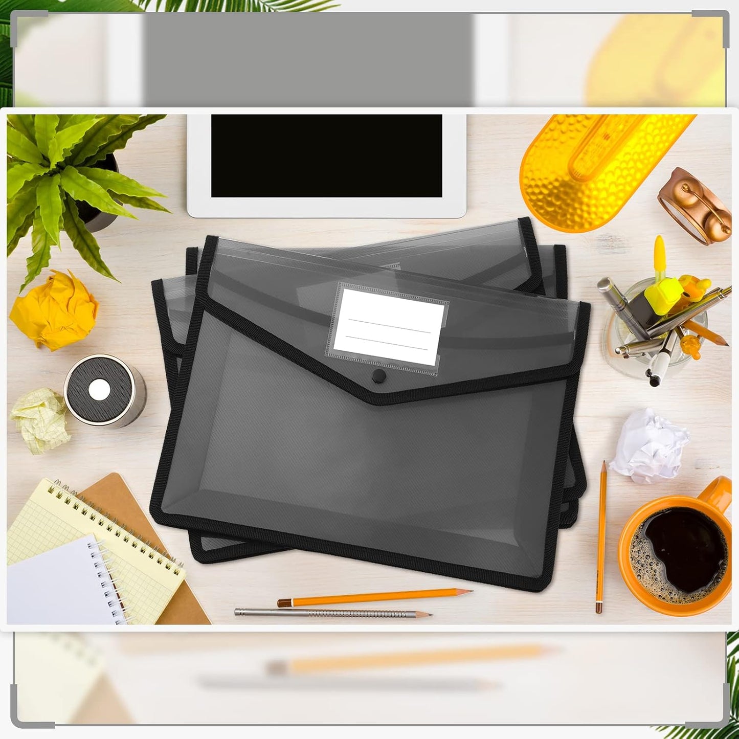 Teling 15 Pieces Plastic File Folders Envelope Expanding File Wallet Document Folder A4 Colorful Document Organizer with Button Closure and Pocket Waterproof File Pouch for Home Work (Black)