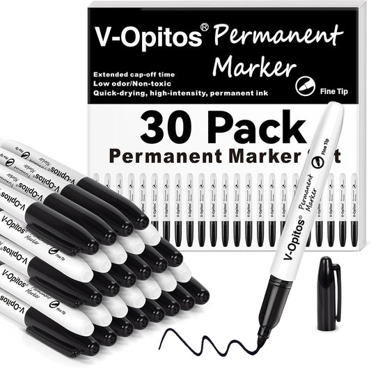 V-Opitos 30 Pack Black Permanent Markers, Bulk Fine Point Waterproof Markers Pens, Durable, Quick-Drying Marker, Ideal Stationery Supplies for Schools, Homes and Offices