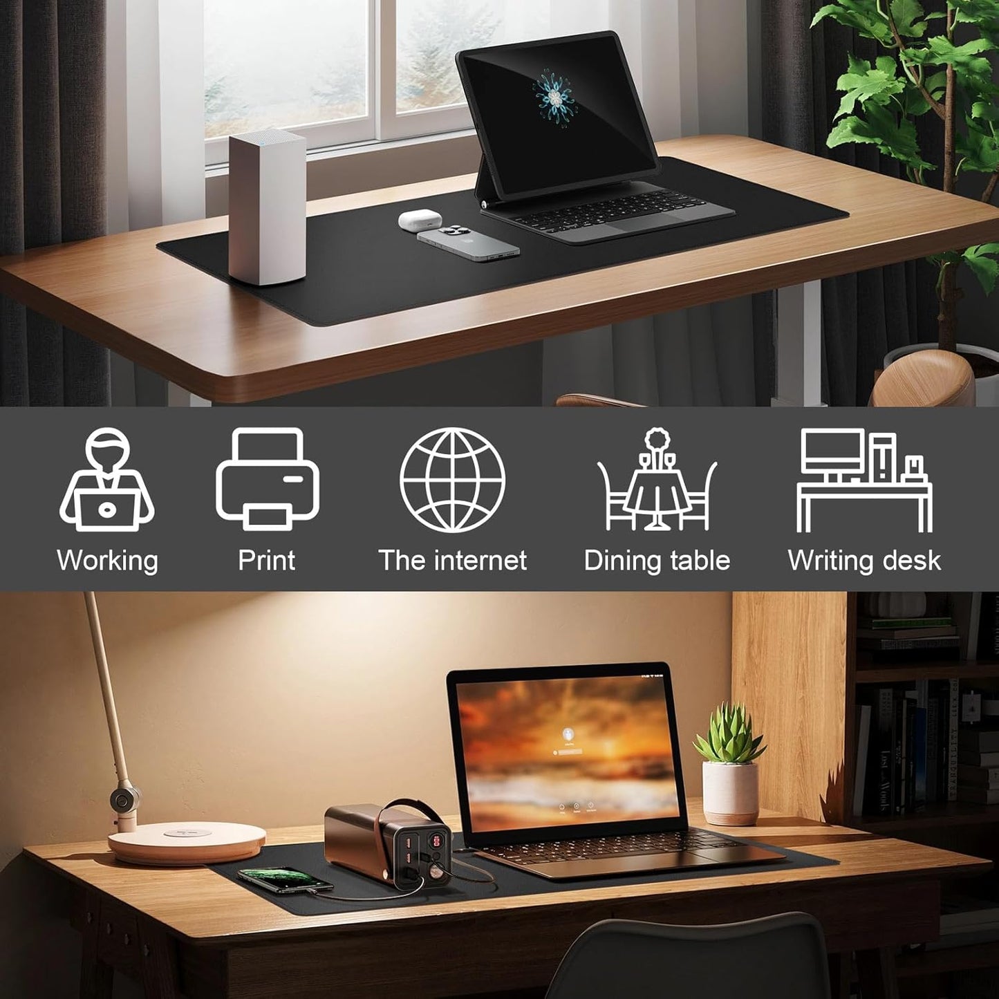 DAWNTREES Desk Mat Protector,PU Leather Laptop Pad,Non Slip, 23.6" x 13.8" Large Mouse Pad and Keyboard Mat, Waterproof Writing Pad for Office and Home (Black)