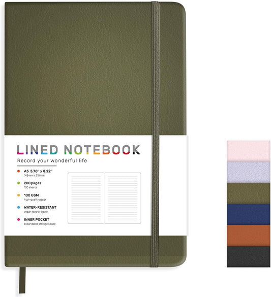 Lined Journal Notebook for Women Men, 200 Pages A5 Hardcover Leather Journals 5.7” x 8.3”, A5 College Ruled Notebooks with 100 GSM Thick Paper for Writing,Travel,School,Office,Work,Business(Green)