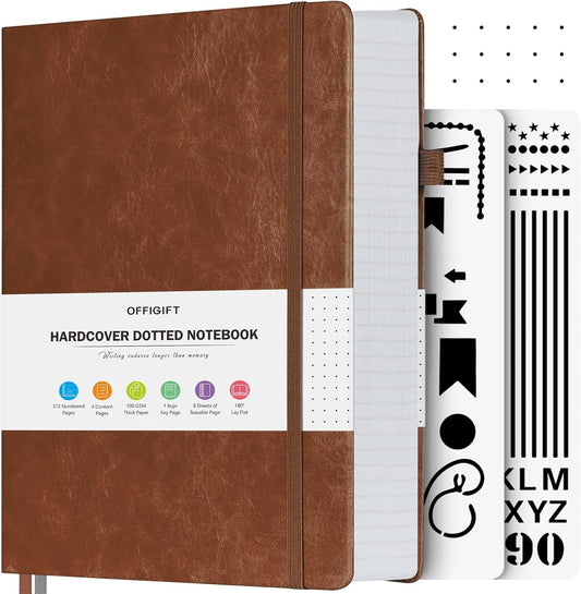 Bullet Dotted Journal Notebook, 312 Numbered Pages A5 Hardcover Dotted Notebooks, 100gsm No Bleed Paper Dot Grid Notebook with Index Pages, Dot Journal for Women Men, 5.75" x 8.38", Brown