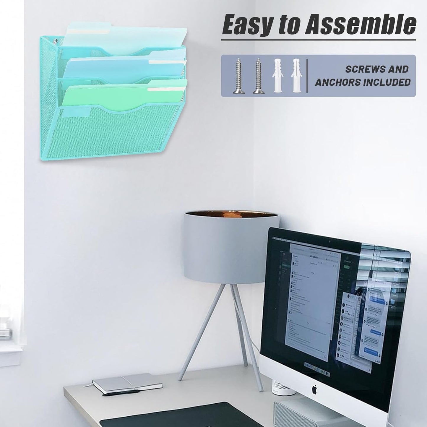 EASEPRES 3 Pocket Mesh Hanging Wall File Organizer, Wall Mounted Mail Paper Document Folder Holder, Clipboard Storage Organization Magazine Rack with Nametag Label for Office Home School, Blue