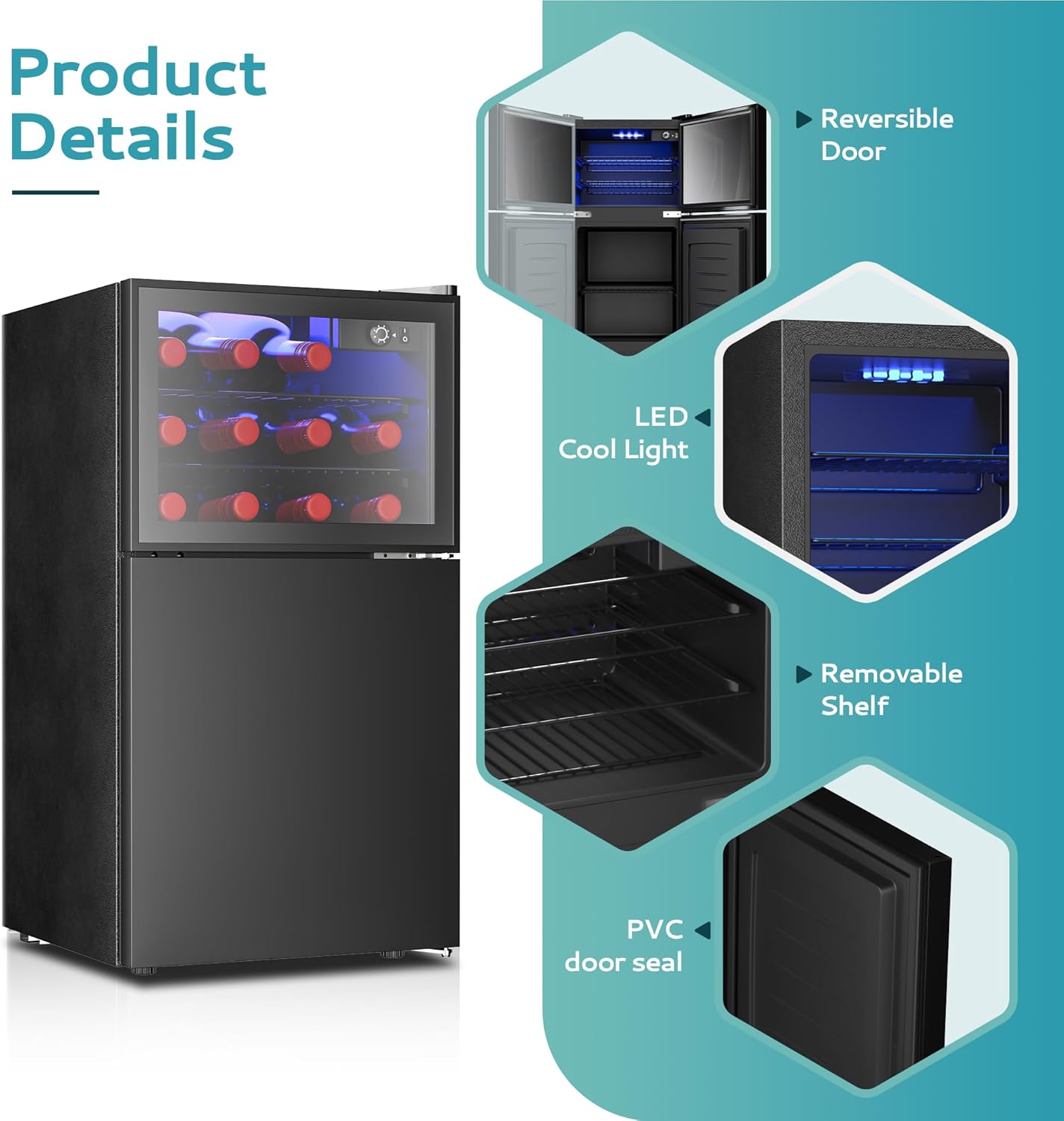 EUHOMY Double Door Mini Fridge With Freezer, Freestanding Wine Cooler Refrigerator With Reversible Door, Compact Refrigerator Temperature Control, Wine Fridge Perfect For Kitchen Home Office.