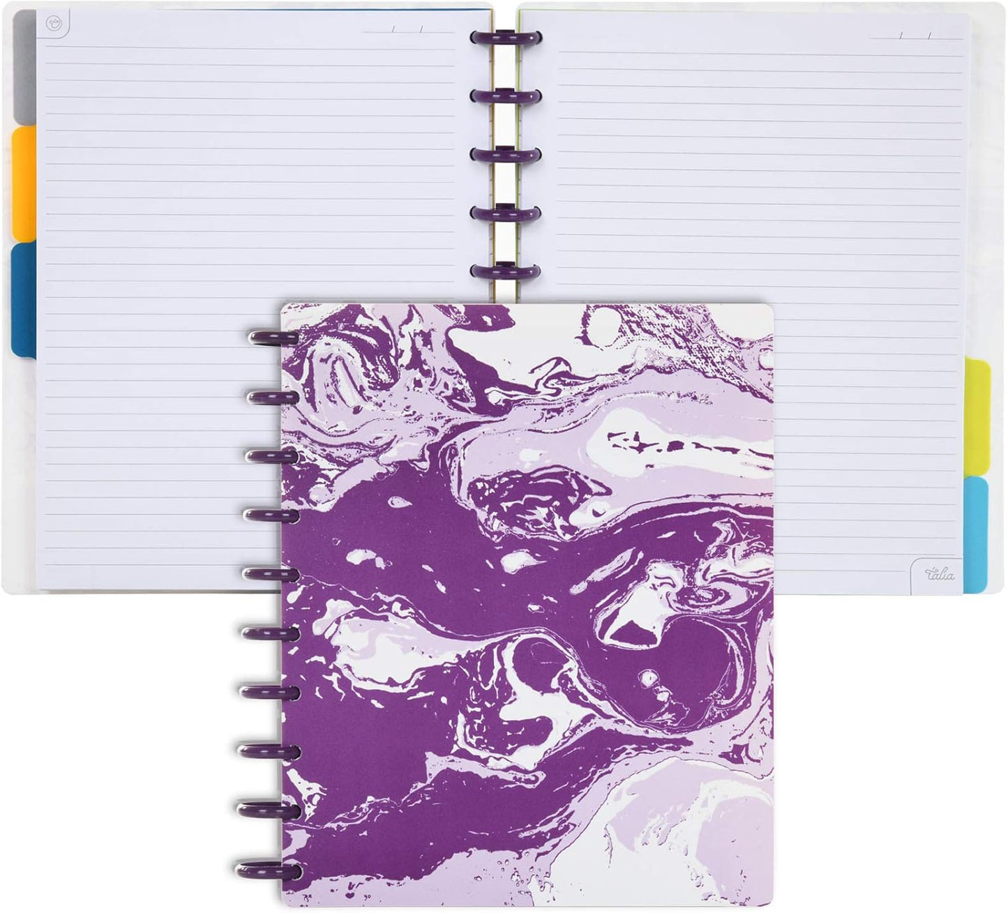 Talia Discbound Notebooks, Planner, Customizable, (Purple Marble Flow w/Strong Purple Discs, Midsize (7.5in x 9.75in))