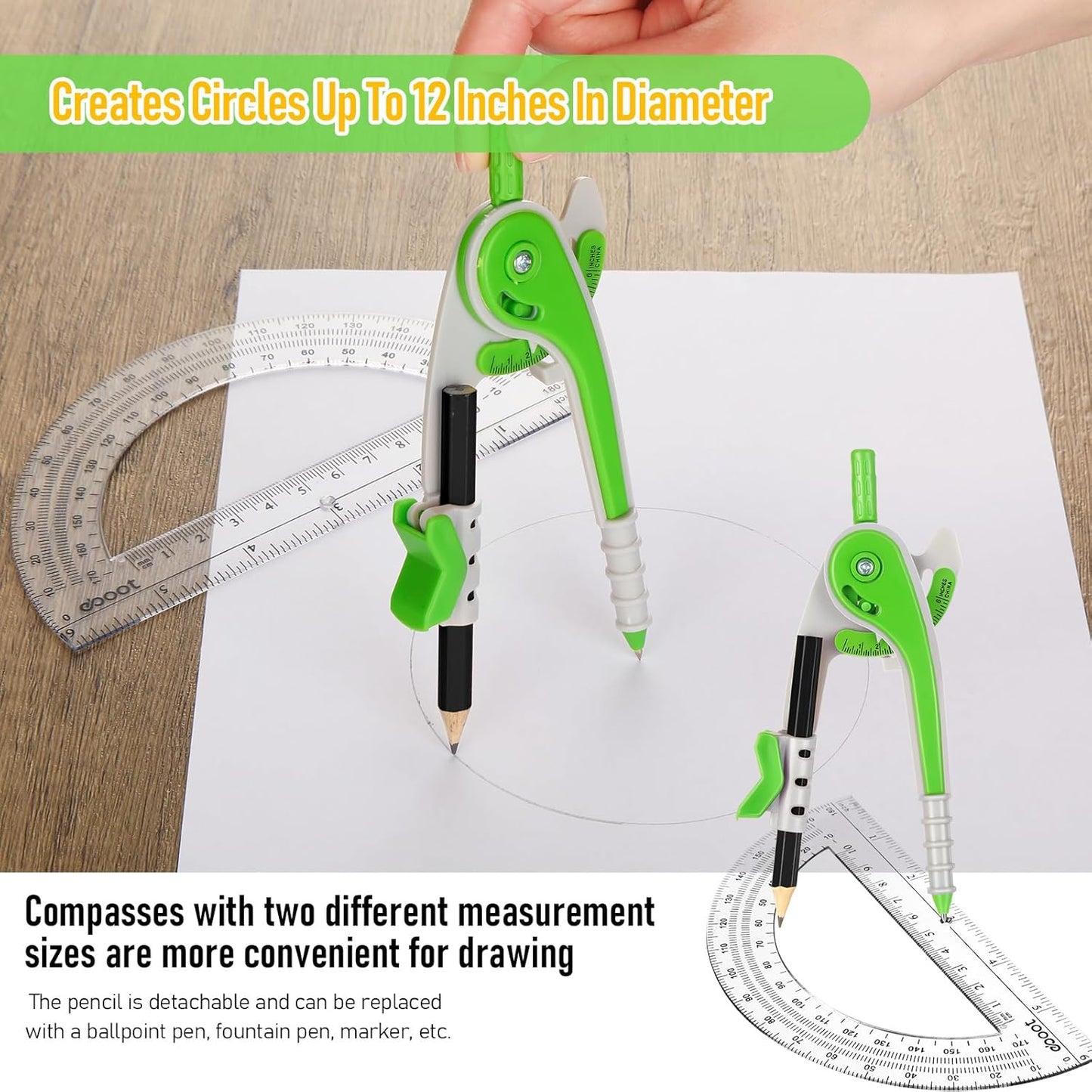 EBOOT Student Geometry Math Set, Drawing Compass and 6 Inch Clear Swing Arm Protractors 180 Degree Math Protractor (Green)