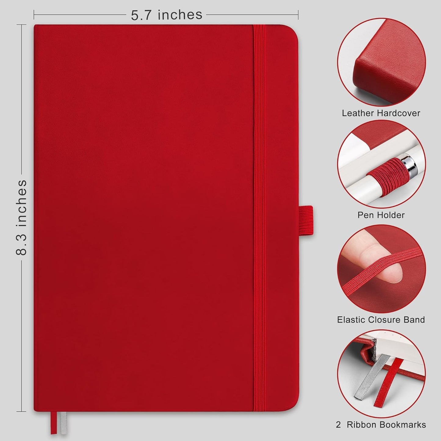 RETTACY Bullet Dotted Journal Notebook, 256 Pages, A5 Medium Size (5.7'' × 8.3''), Leather Hardcover, 120 GSM Thick Paper, for Bullet Journaling, Planning, Tracking (Red)