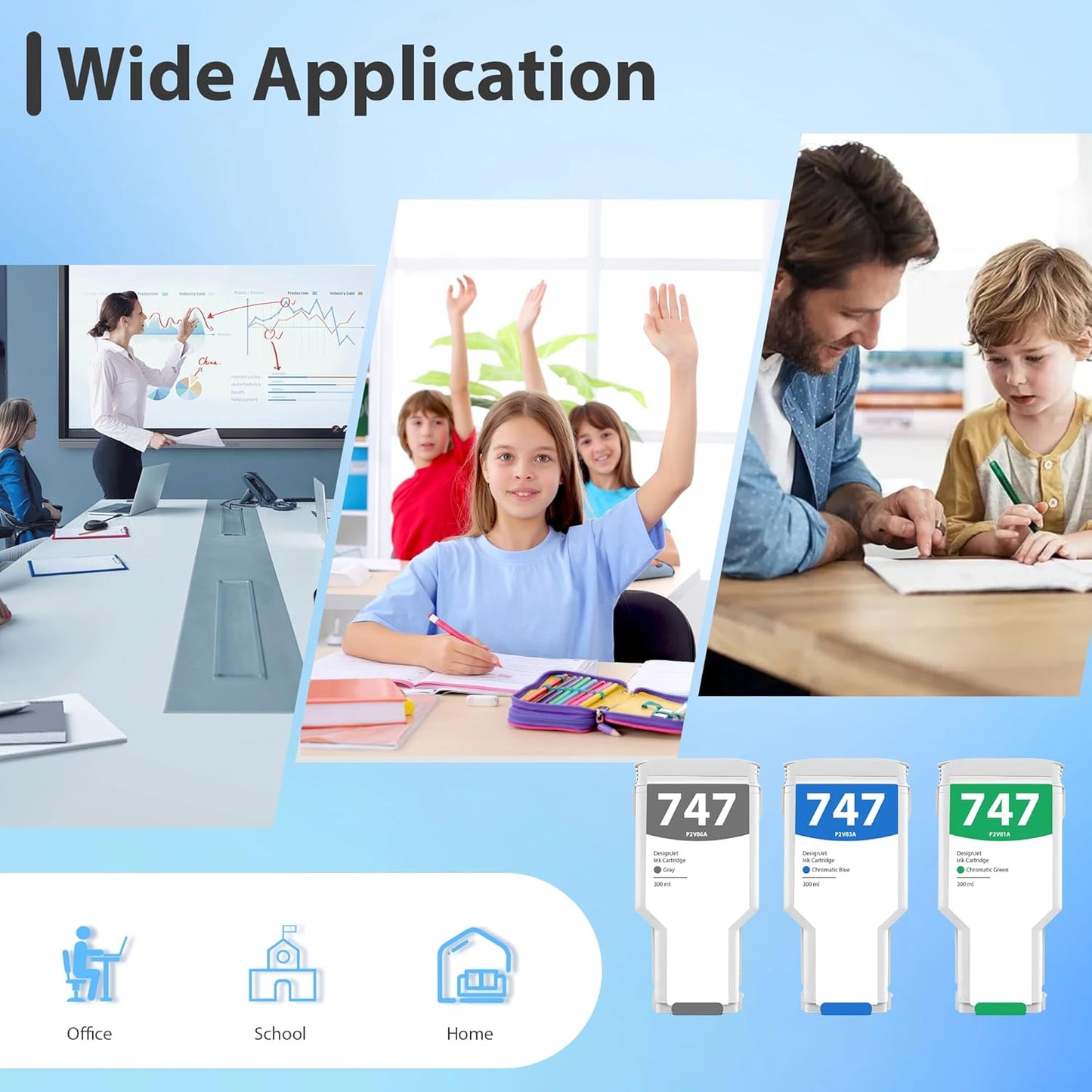 747 Ink Cartridge Replacement for HP 747 300-ml Chromatic Green/Chromatic Blue/Gray Designjet Ink Cartridge P2V84A P2V85A P2V86A forDesignJet Z9+ Large Format Printer (3-Pack)