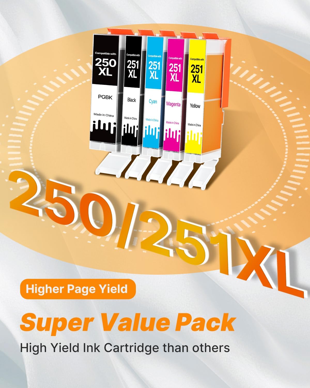 250 251XL Ink Cartridges for Canon Printers for Canon 250 and 251 Ink Cartridges for PIXMA MX922, MG5420, MG5520, MG5522, MG6320, MG6620, iP7220 Printer (5 Pack, PGBK, Black, Cyan, Magenta, Yellow)