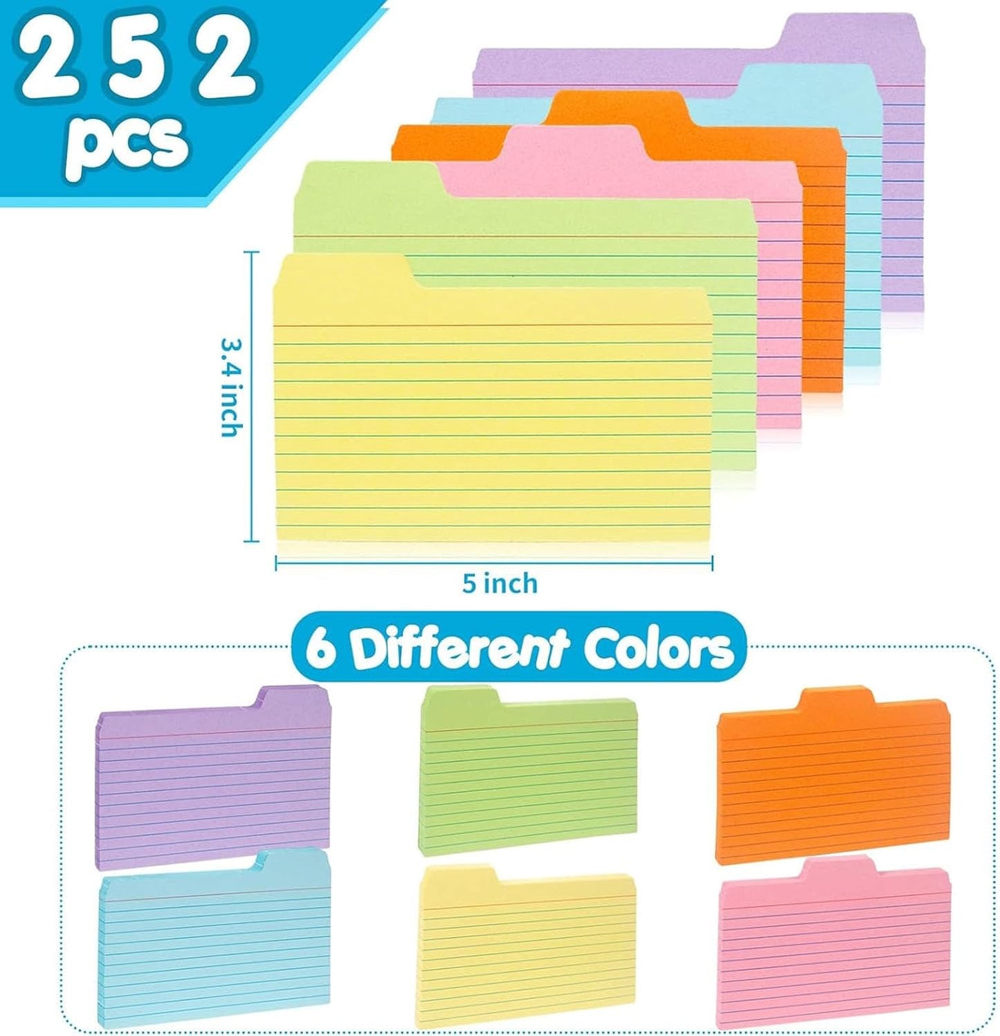 Koogel Index Cards 3x5, 252PCS Colored Flash Card Dividers with Tabs, Dividers Notecards Memo Scratch Pad for Studying Color Coding Project School Supplies Learning Recipe Note Taking To Do List