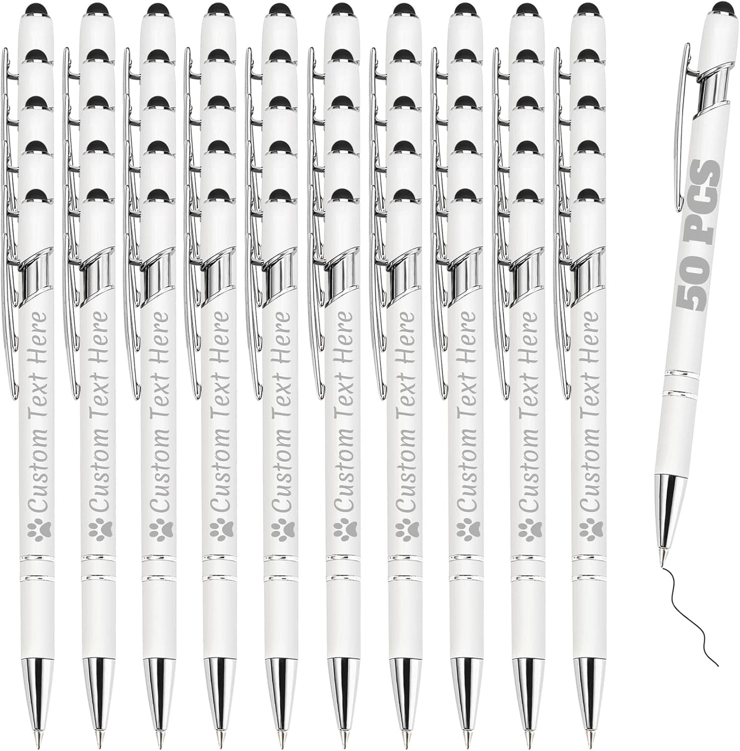 Personalized Pens Bulk 50 with Name Custom Engraving Ballpoint Pens with Stylus Tip Customized Smooth Writing Pens Personalized Gifts for Anniversary Birthday or Graduation(White,Black Ink)