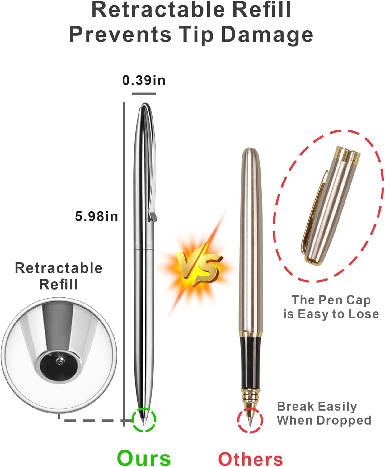 Cambond Metal Ballpoint Pens - Black Ink Fancy Pens 1.0mm Medium Point Bulk for Guest Book Uniform Christmas Gift, 3 Pens with 6 Refills (Silver)