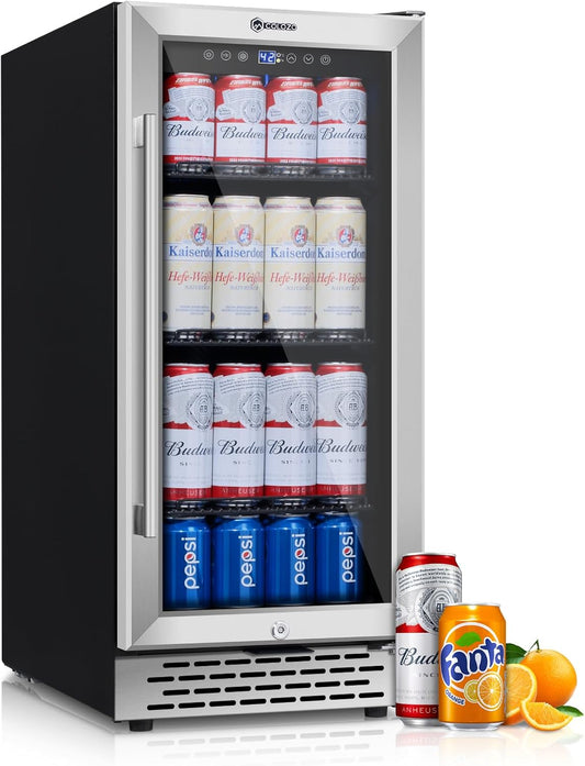 15 Inch Beverage Refrigerator Under Counter, 130 Cans Beverage Fridge with Tempered Glass Door & Lock, 37-65°F Beverage Cooler For Home/Bar, Built-in/Freestanding Mini Drink Cooler(3.53 cu.ft)