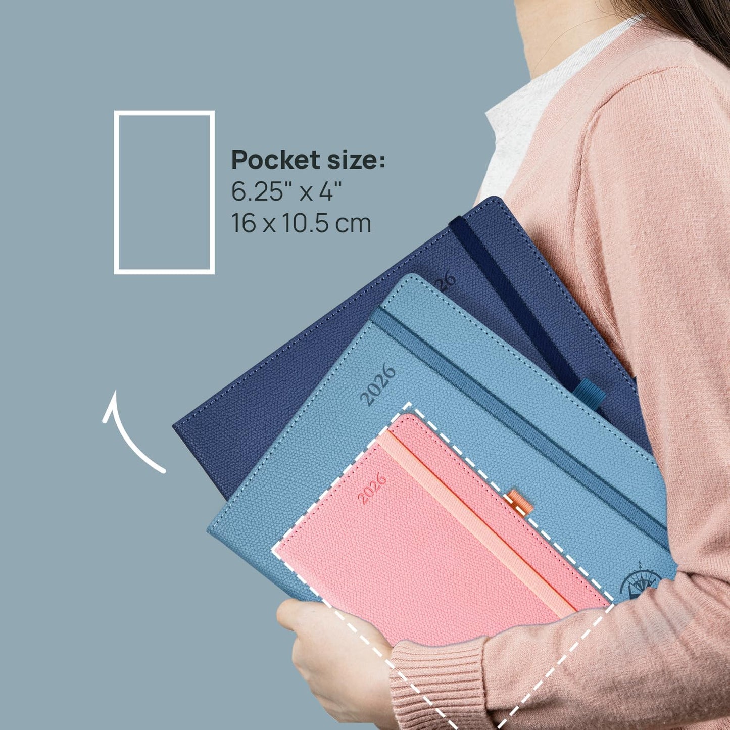 POPRUN Weekly Planner 2026 Calendar (Pocket 4'' x 6.25'') 12 Months Notebook with Horizontal Layout, Leather Hardcover, Inner Pocket, 100GSM Thick Paper, Pen Holder TJ - Navy Blue