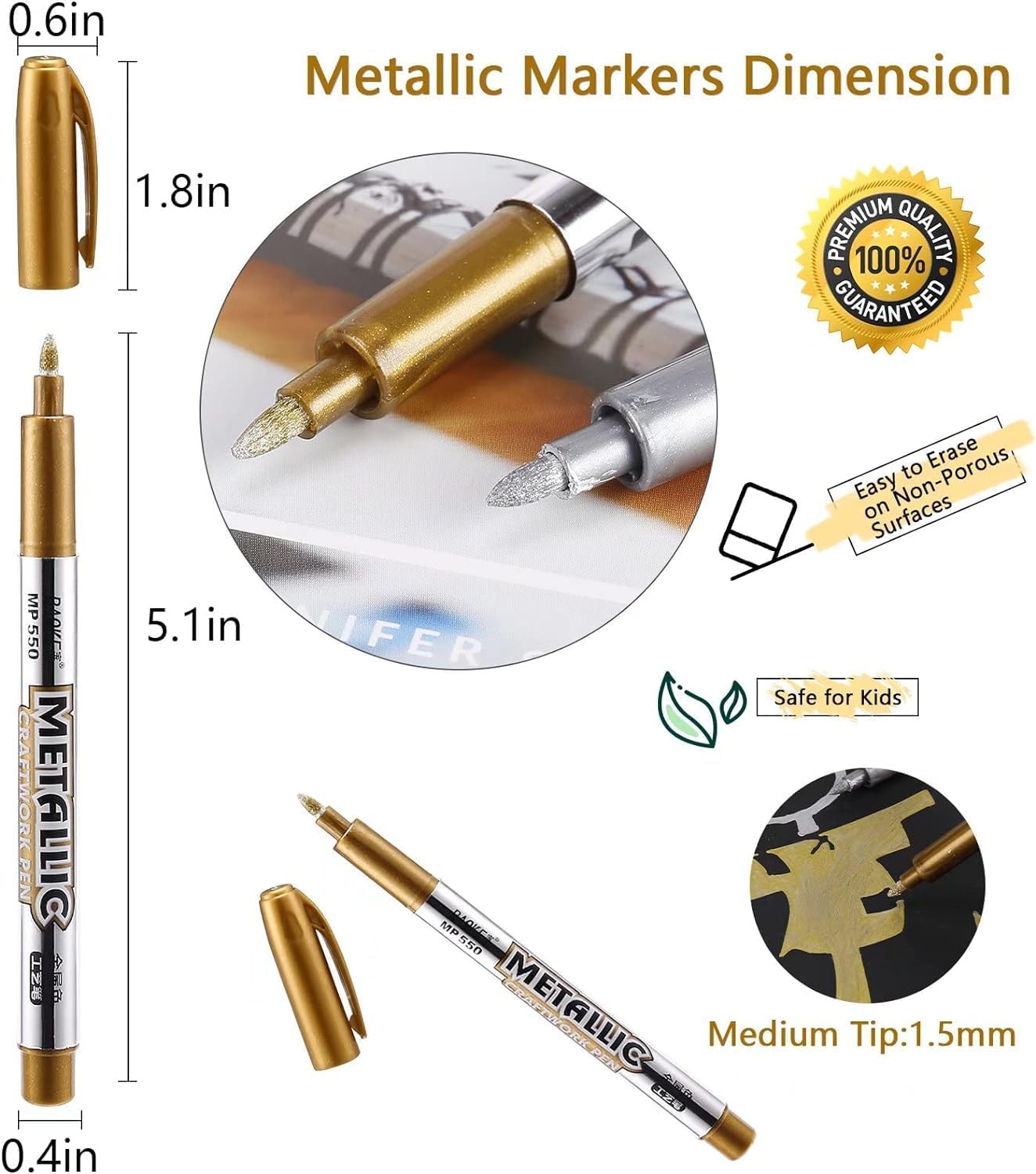 MYARTOOL Metallic Marker Pens, Gold Metallic Permanent Markers for Artist Illustration, Crafts, Gift Card Making, Scrapbooking, Fabric, DIY Photo Album, Value Set of 8