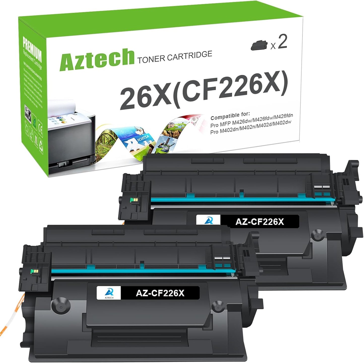 Aztech 26X CF226X Toner Cartridge 2 Pack High Yield Compatible Replacement for HP 26X CF226X 26A CF226A Pro M402dn M402n M402dw Pro MFP M426fdw M426fdn M426dw CF226XC Printer Ink (Black 2-Pack)