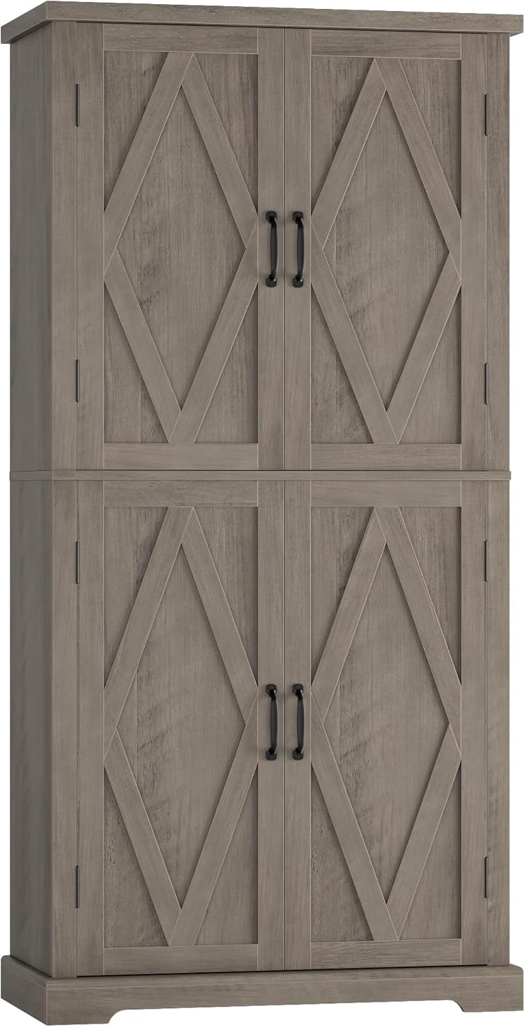 HOSTACK 64" Tall Pantry Cabinet, Modern Farmhouse Kitchen Pantry, Wood Bathroom Storage Cabinet, Large Bookcase, 4 Doors|Adjustable Shelves, for Dining Room, Living Room, Home Office, Ash Grey