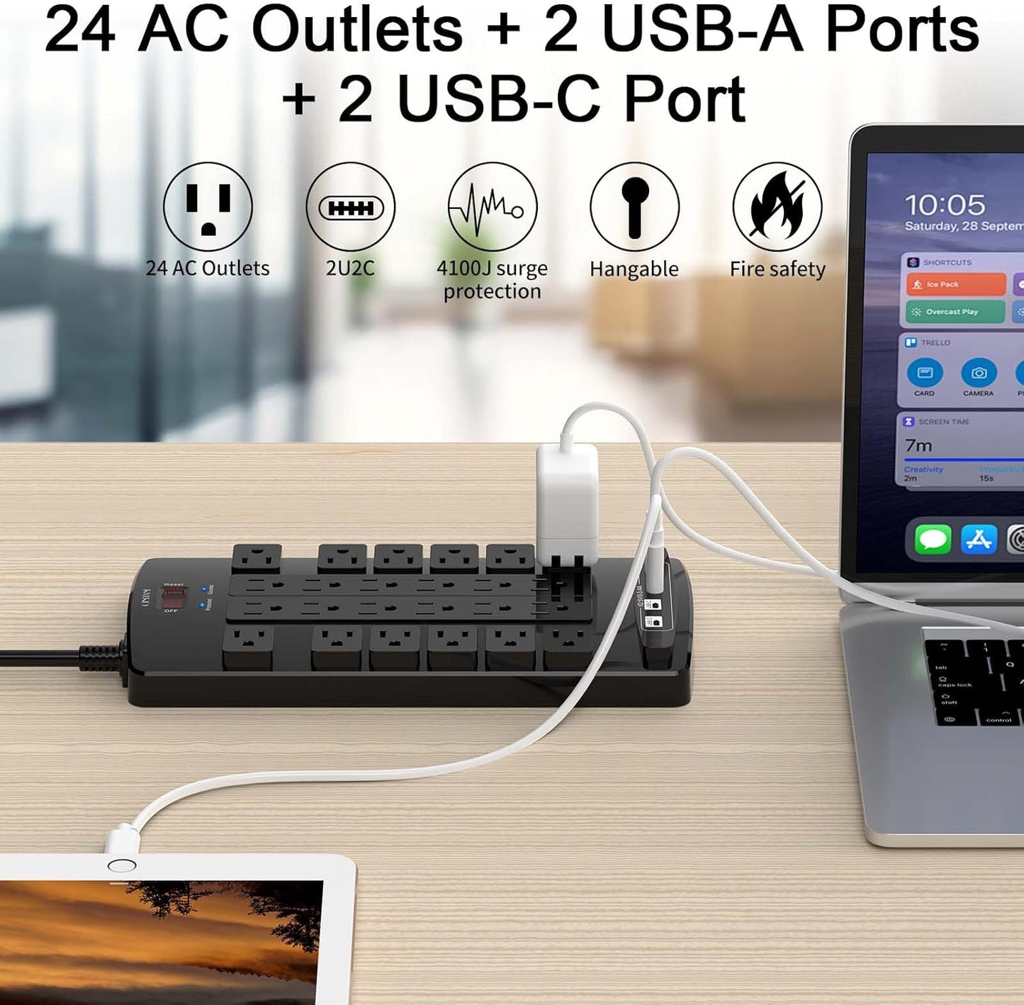 QINLIANF Surge Protector Power Strip - 6Ft Flat Plug Heavy Duty Extension Cord with 24 Outlets and 4 USB Ports(2 USB-C Ports), 1875W/15A, 4100J, for Home, Office, Dorm, ETL Listed, Black