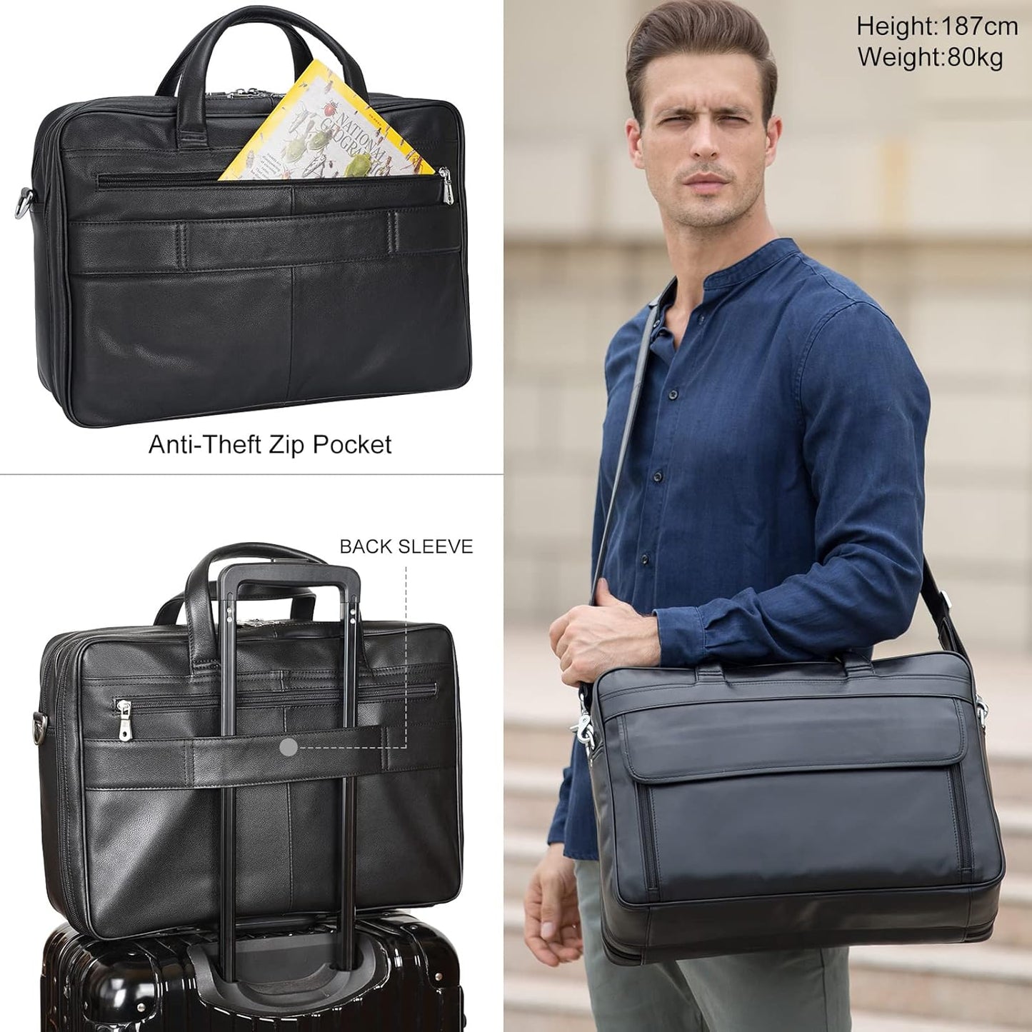 Masa Kawa Leather Briefcase for Men 15.6" - 17" Laptop Computer Case Business Travel Work Messenger Cross Body Shoulder Bag